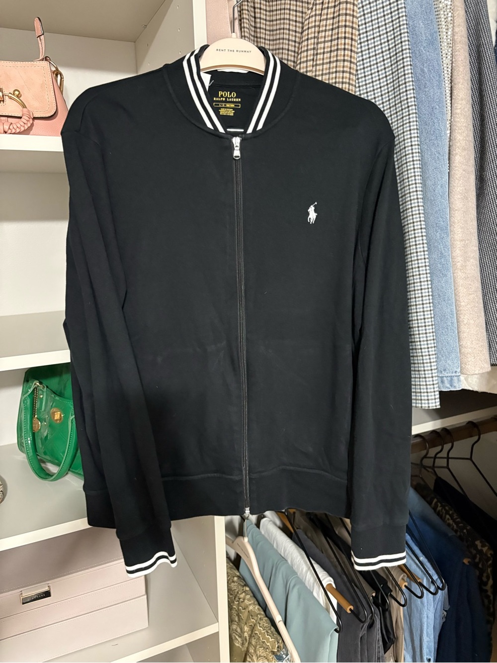 Polo by Ralph Lauren Black Zip-Up Bomber with White Stripe Trim